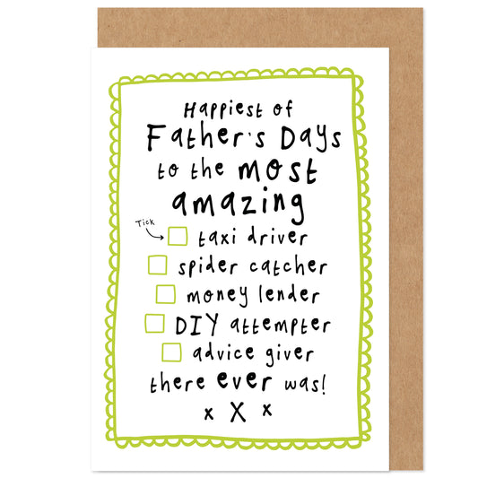 Father's Day Card | Checklist | Taxi, Spider Catcher, DIY, Advice Giver
