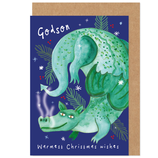 Godson Christmas Card - Warmest Wishes Dragon