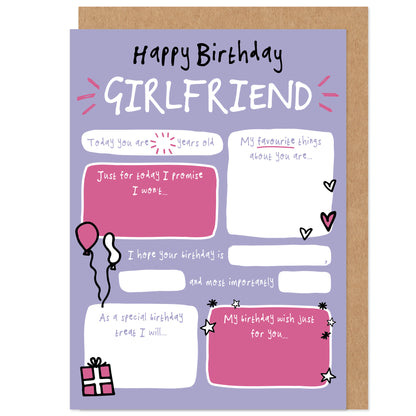 Girlfriend Fill In The Blanks Birthday Card